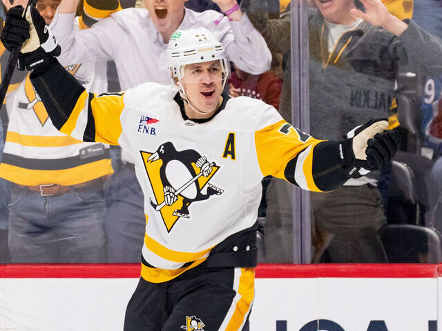 DENVER, COLORADO - MARCH 16: Evgeni Malkin #71 of the \vv\ celebrates after scoring a goal in the first period against the Colorado Avalanche at Ball Arena on March 16, 2026 in Denver, Colorado.