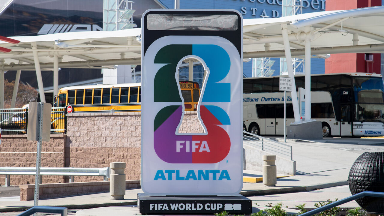 ATLANTA, GA - NOVEMBER 14: A general view of the FIFA World Cup 2026 countdown clock with the FIFA World Cup 26 Atlanta logo on November 14, 2025, outside the Georgia World Congress Center, in Atlanta, GA.