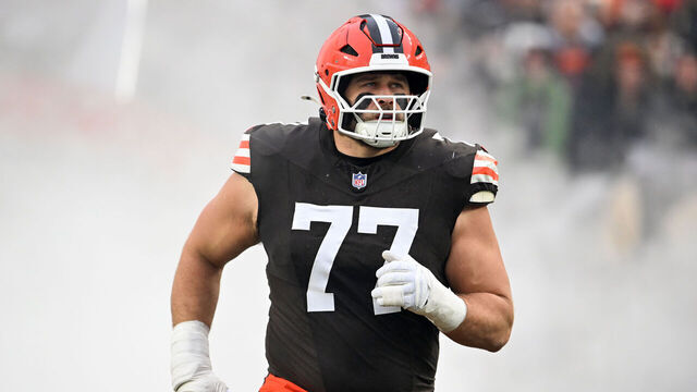 CLEVELAND, OHIO - DECEMBER 28: Wyatt Teller #77 of the Cleveland Browns is introduced prior to a game against the Pittsburgh Steelers at Huntington Bank Field on December 28, 2025 in Cleveland, Ohio.