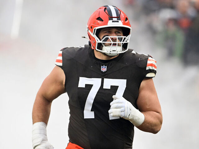CLEVELAND, OHIO - DECEMBER 28: Wyatt Teller #77 of the Cleveland Browns is introduced prior to a game against the Pittsburgh Steelers at Huntington Bank Field on December 28, 2025 in Cleveland, Ohio.