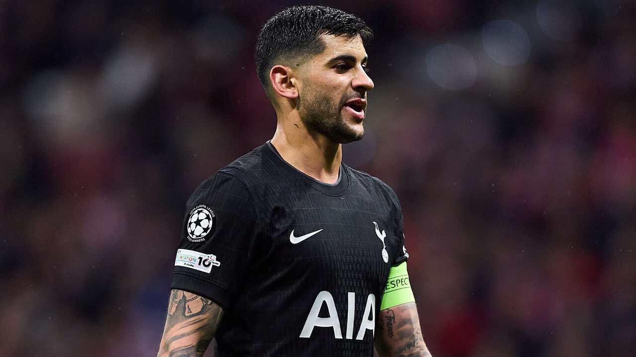 MADRID, SPAIN - MARCH 10: Cristian Romero of Tottenham Hotspur looks on during the UEFA Champions League 2025/26 Round of 16 First Leg match between Atletico de Madrid and Tottenham Hotspur FC at Estadio Civitas Metropolitano on March 10, 2026 in Madrid, Spain.