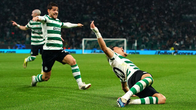LISBON, PORTUGAL - MARCH 17: Maximiliano Araujo of Sporting Clube de Portugal celebrates scoring his team's fourth goal with teammate Daniel Braganca during the UEFA Champions League 2025/26 Round of 16 Second Leg match between Sporting Clube de Portugal and FK Bodo/Glimt at Estadio Jose Alvalade on March 17, 2026 in Lisbon, Portugal.