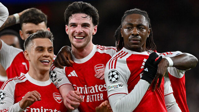 London, United Kingdom - March 17: Eberechi Eze of Arsenal FC celebrates after scoring his team's first goal with Leandro Trossard of Arsenal FC and Declan Rice of Arsenal FC during the UEFA Champions League 2025/26 Round of 16 Second Leg match between Arsenal FC and Bayer 04 Leverkusen at Arsenal Stadium on March 17, 2026 in London, United Kingdom.