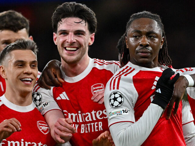 London, United Kingdom - March 17: Eberechi Eze of Arsenal FC celebrates after scoring his team's first goal with Leandro Trossard of Arsenal FC and Declan Rice of Arsenal FC during the UEFA Champions League 2025/26 Round of 16 Second Leg match between Arsenal FC and Bayer 04 Leverkusen at Arsenal Stadium on March 17, 2026 in London, United Kingdom.