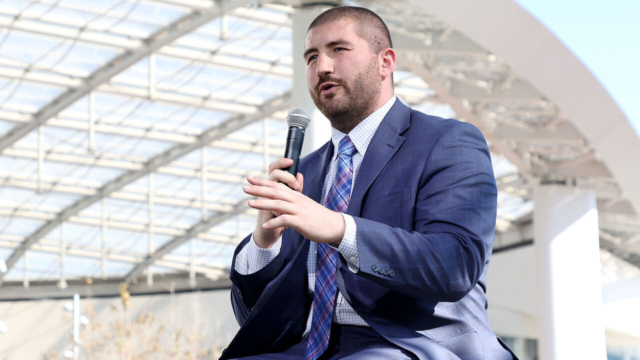 INGLEWOOD, CALIFORNIA - FEBRUARY 09: NFLPA President JC Tretter addresses the media on February 09, 2022 at the NFL Network's Champions Field at the NFL Media Building on the SoFi Stadium campus in Inglewood, California.
