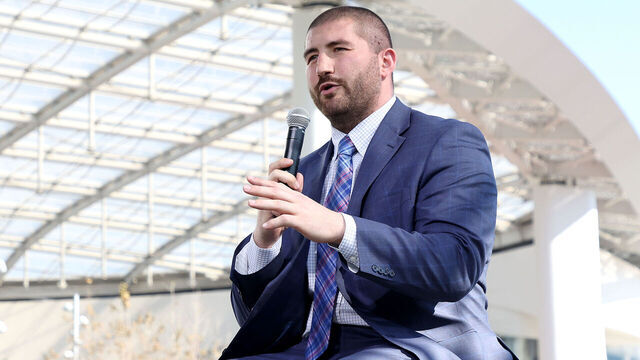 INGLEWOOD, CALIFORNIA - FEBRUARY 09: NFLPA President JC Tretter addresses the media on February 09, 2022 at the NFL Network's Champions Field at the NFL Media Building on the SoFi Stadium campus in Inglewood, California.