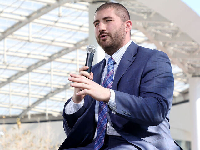INGLEWOOD, CALIFORNIA - FEBRUARY 09: NFLPA President JC Tretter addresses the media on February 09, 2022 at the NFL Network's Champions Field at the NFL Media Building on the SoFi Stadium campus in Inglewood, California.