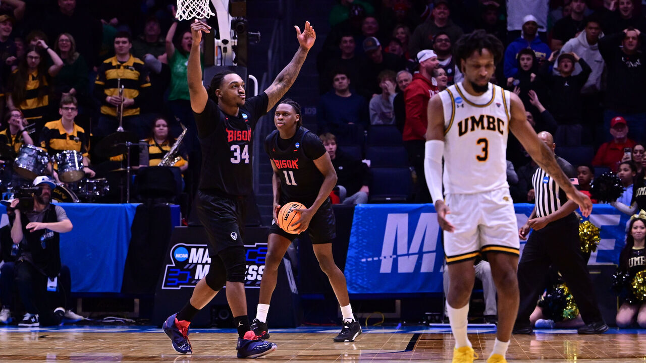 DAYTON, OHIO - MARCH 17: Bryce Harris #34 of the Howard Bison celebrates their win against the UMBC Retrievers during the First Four round of the 2026 NCAA Men's Basketball tournament held at UD Arena on March 17, 2026 in Dayton, Ohio.