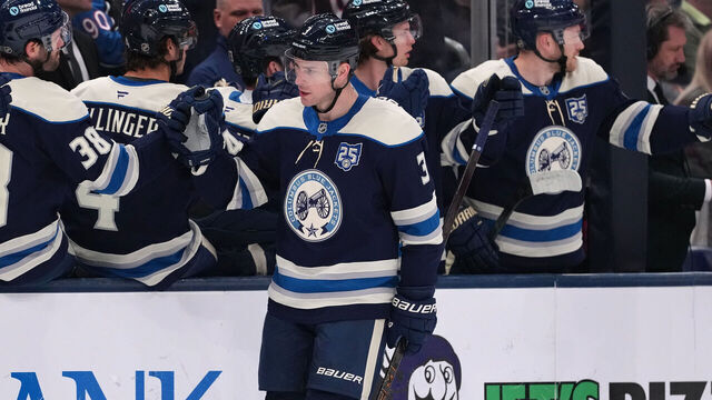 COLUMBUS, OHIO - MARCH 17: Charlie Coyle #3 of the Columbus Blue Jackets celebrates a goal during the first period against the Carolina Hurricanes at Nationwide Arena on March 17, 2026 in Columbus, Ohio.