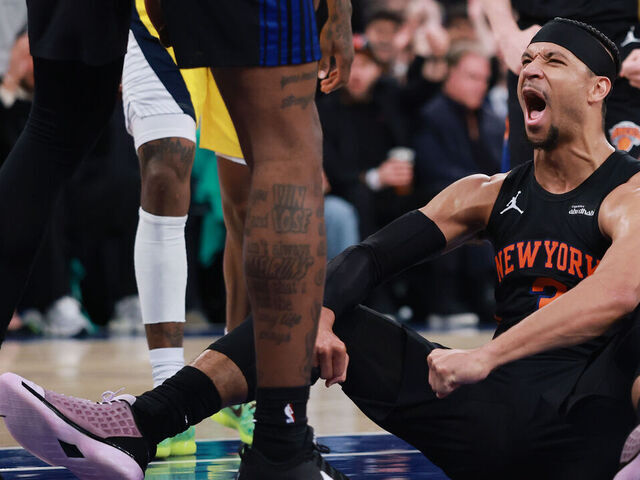 NEW YORK, NEW YORK - MARCH 17: Guard Josh Hart #3 of the New York Knicks reacts with center Mitchell Robinson #23 and guard Tyler Kolek #13 during the second half against the Indiana Pacers at Madison Square Garden on March 17, 2026 in New York City. The Knicks won 136-110.