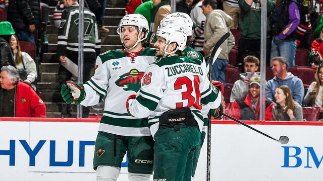 CHICAGO, ILLINOIS - MARCH 17: Mats Zuccarello #36 of the Minnesota Wild celebrates the win after the game between the Minnesota Wild and the Chicago Blackhawks at the United Center on March 17, 2026 in Chicago, Illinois.