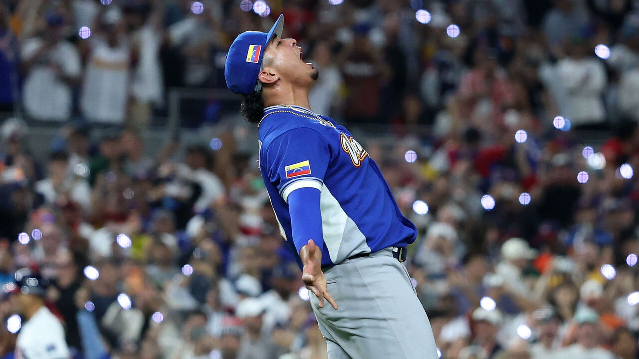 MIAMI, FLORIDA - MARCH 17: Daniel Palencia #29 of Team Venezuela celebrates after the final out of the 3-2 victory was recorded against Team United States at loanDepot park on March 17, 2026 in Miami, Florida.