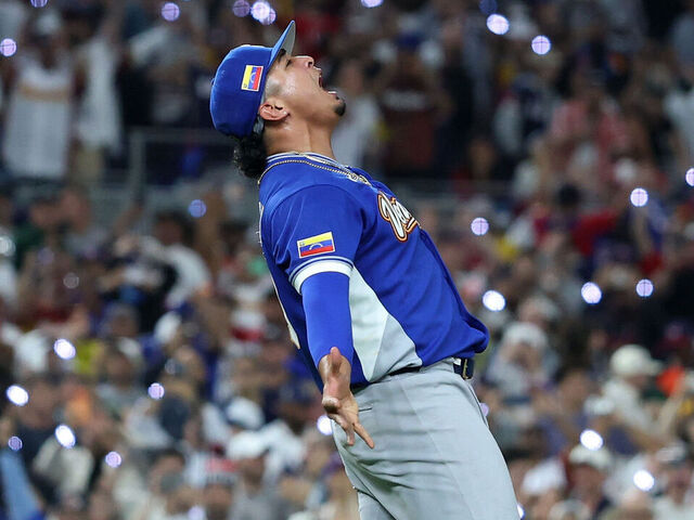 MIAMI, FLORIDA - MARCH 17: Daniel Palencia #29 of Team Venezuela celebrates after the final out of the 3-2 victory was recorded against Team United States at loanDepot park on March 17, 2026 in Miami, Florida.