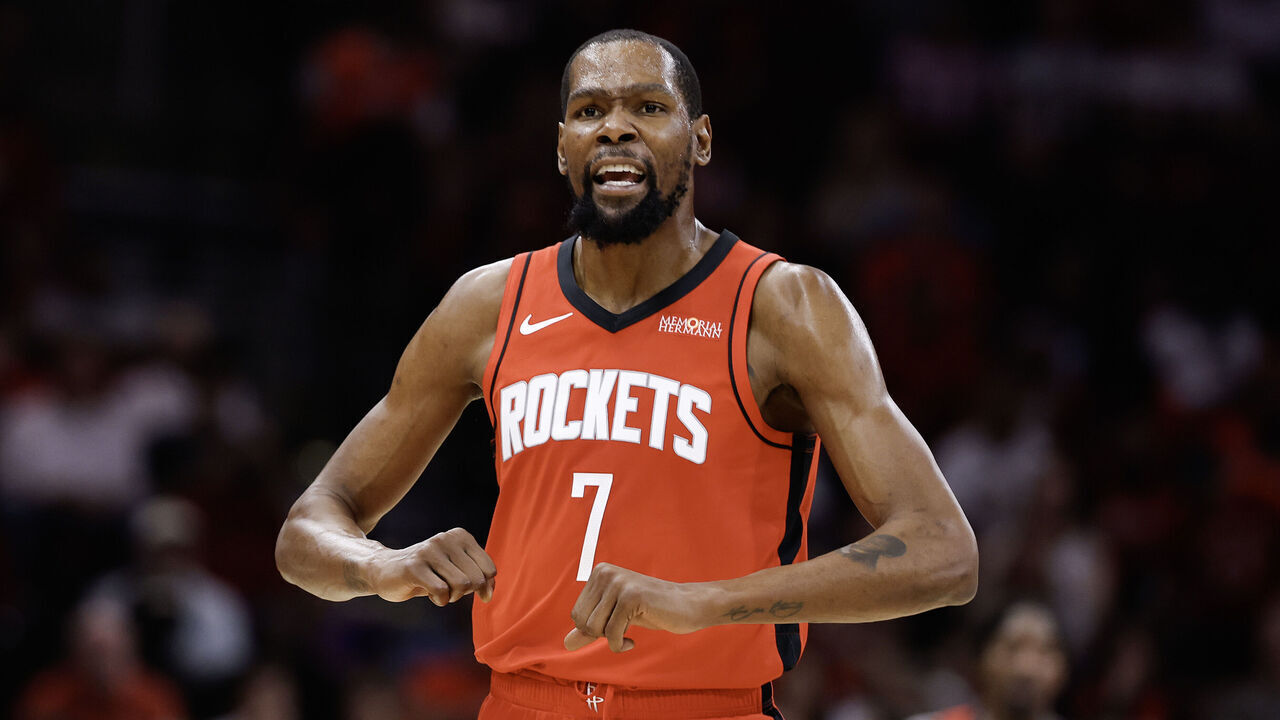 HOUSTON, TEXAS - MARCH 10: Kevin Durant #7 of the Houston Rockets reacts during the first half against the Toronto Raptors at Toyota Center on March 10, 2026 in Houston, Texas.