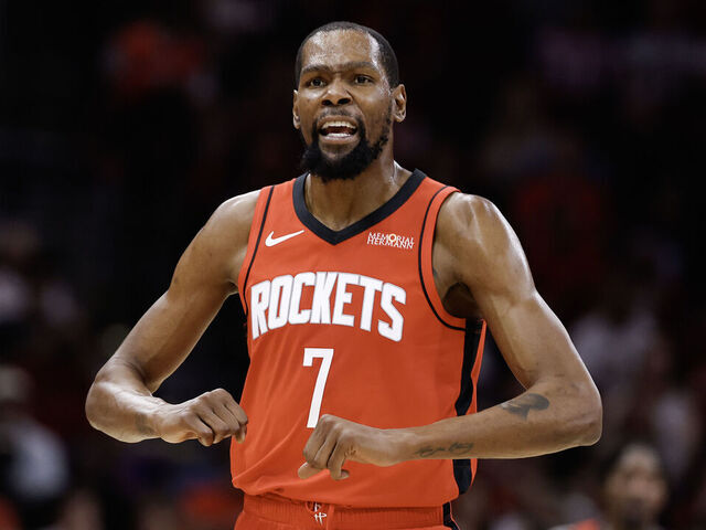 HOUSTON, TEXAS - MARCH 10: Kevin Durant #7 of the Houston Rockets reacts during the first half against the Toronto Raptors at Toyota Center on March 10, 2026 in Houston, Texas.