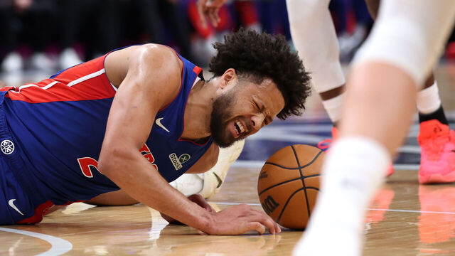 WASHINGTON, DC - MARCH 17: Cade Cunningham #2 of the Detroit Pistons reacts after colliding with Tre Johnson #12 of the of the Washington Wizards (not pictured) during the first half at Capital One Arena on March 17, 2026 in Washington, DC.