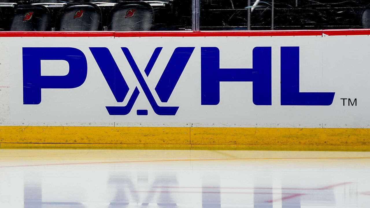 NEWARK NJ - NOVEMBER 29: A general view of the PWHL logo on the boards prior to game on November 29, 2025 at the Prudential Center in Newark, New Jersey.
