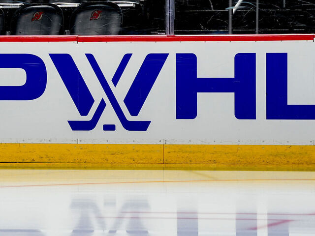 NEWARK NJ - NOVEMBER 29: A general view of the PWHL logo on the boards prior to game on November 29, 2025 at the Prudential Center in Newark, New Jersey.