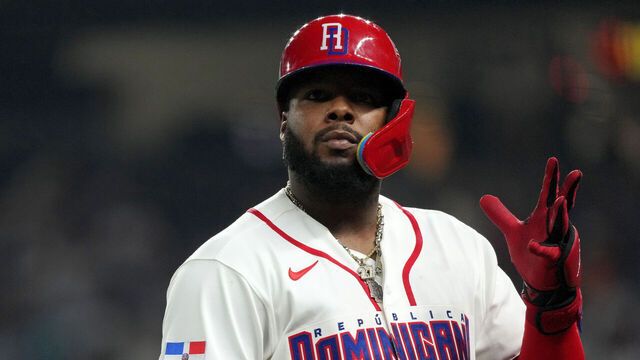 MIAMI, FL - MARCH 15: Vladimir Guerrero Jr. #27 of the Dominican Republic looks on during the 2026 World Baseball Classic WBC game presented by Capital One between Team USA and Team Dominican Republic at loanDepot park on Sunday, March 15, 2026 in Miami, Florida.