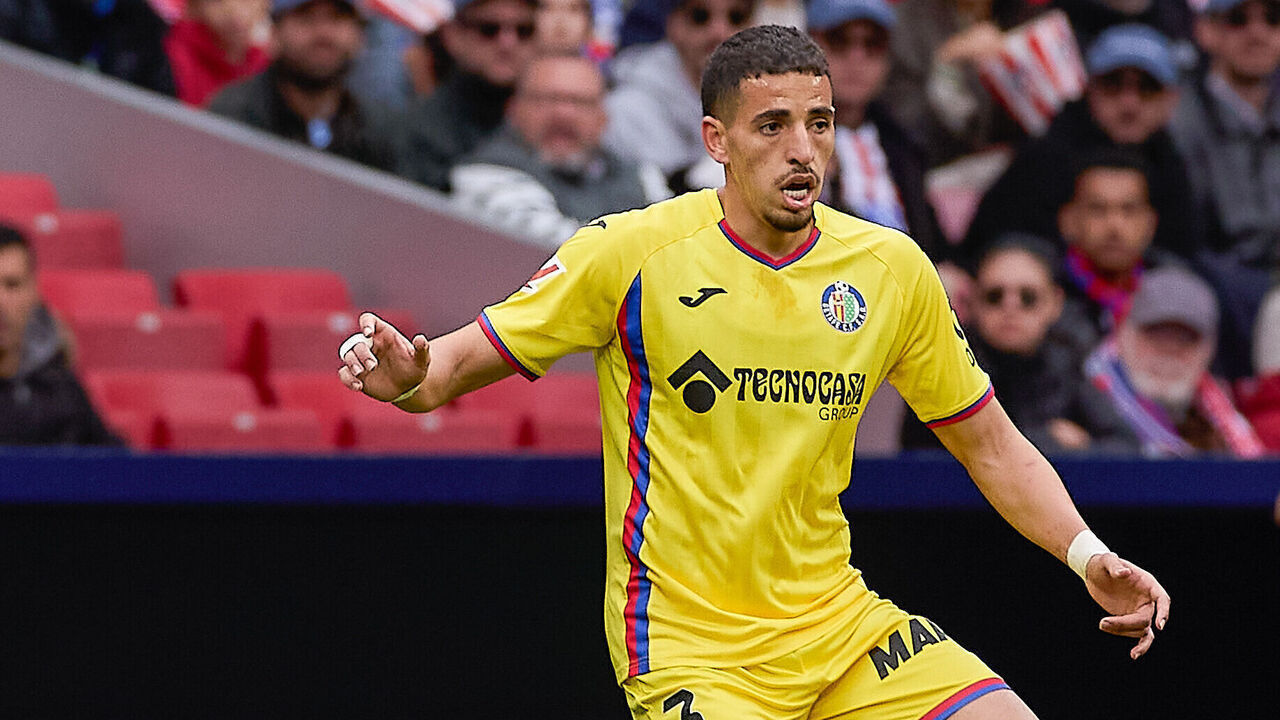 MADRID, SPAIN - 2026/03/14: Abdel Abqar of Getafe CF seen in action during the LaLiga EA Sports 2025/2026 week 28 football match between Atletico Madrid and Getafe CF at Riyadh Air Metropolitano stadium. Final score: Atletico Madrid 1:0 Getafe CF.