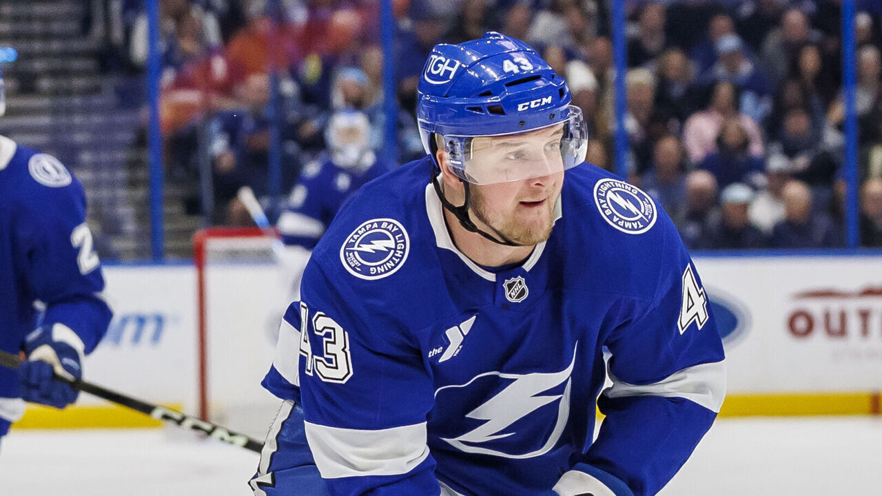 TAMPA, FL - JANUARY 26: Darren Raddysh #43 of the Tampa Bay Lightning against the Utah Mammoth at Benchmark International Arena on January 26, 2026 in Tampa, Florida.