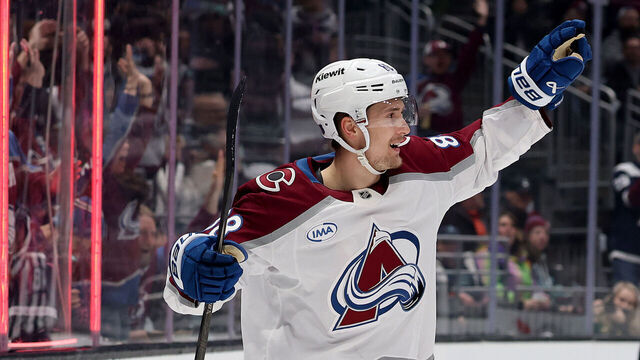 SEATTLE, WASHINGTON - MARCH 12: Martin Necas #88 of the Colorado Avalanche celebrates his goal during the first period against the Seattle Kraken at Climate Pledge Arena on March 12, 2026 in Seattle, Washington.