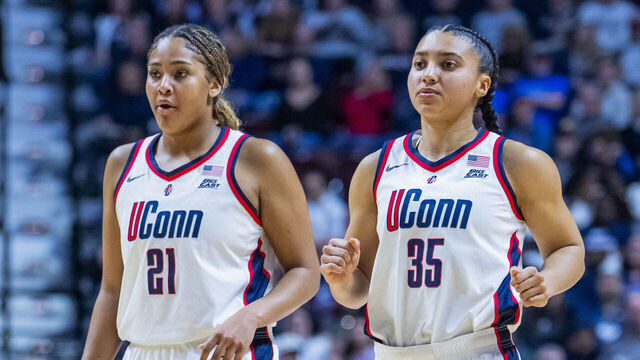 UNCASVILLE, CONNECTICUT - MARCH 09: Sarah Strong #21 and Azzi Fudd #35 of the Connecticut Huskies play against the Villanova Wildcats in the first half of the championship game of the Big East Women’s Basketball Tournament at Mohegan Sun on March 09, 2026 in Uncasville, Connecticut.