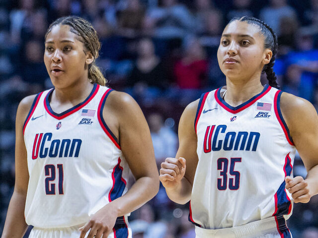 UNCASVILLE, CONNECTICUT - MARCH 09: Sarah Strong #21 and Azzi Fudd #35 of the Connecticut Huskies play against the Villanova Wildcats in the first half of the championship game of the Big East Women’s Basketball Tournament at Mohegan Sun on March 09, 2026 in Uncasville, Connecticut.