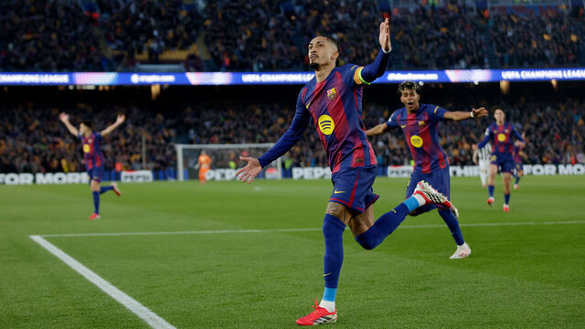 BARCELONA, SPAIN - MARCH 18: Raphinha of FC Barcelona celebrates 1-0 during the UEFA Champions League match between FC Barcelona v Newcastle United at the Camp Nou on March 18, 2026 in Barcelona Spain