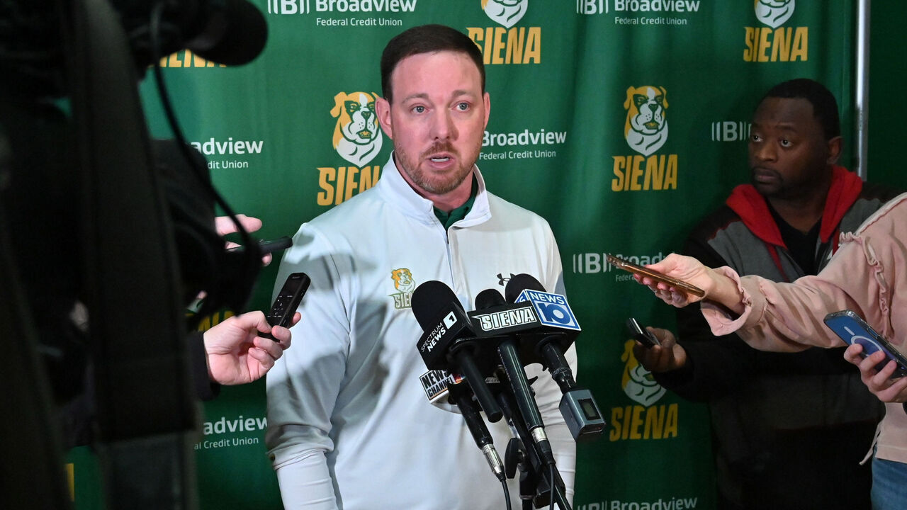 LOUDONVILLE, NY - MARCH 15: Head coach Gerry McNamara is interviewed after the Siena men's basketball team found out they will be facing No. 1 overall seed Duke in the first round in Greenville, S.C. during a public watch party at the UHY Center for the NCAA Tournament Selection Show on Sunday, March 15, 2026 in Loudonville, N.Y. (Lori Van Buren/Albany Times Union via Getty Images)