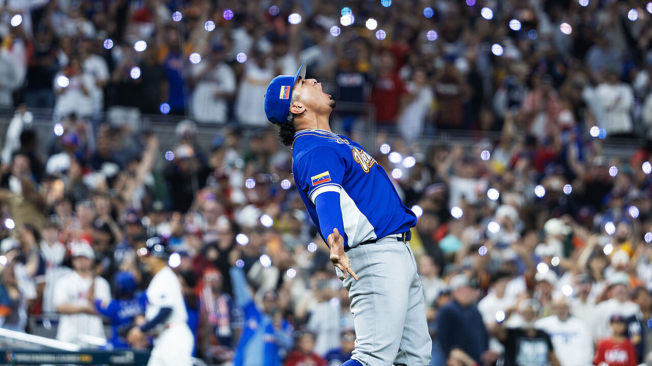 MIAMI, FLORIDA - MARCH 17: Daniel Palencia #29 of Team Venezuela celebrates after the final out of the 3-2 victory was recorded against Team United States at loanDepot park on March 17, 2026 in Miami, Florida.