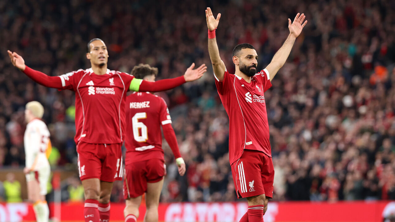 LIVERPOOL, ENGLAND - MARCH 18: (THE SUN OUT, THE SUN ON SUNDAY OUT) Mohamed Salah of Liverpool celebrates scoring his team's fourth goal during the UEFA Champions League 2025/26 Round of 16 Second Leg match between Liverpool FC and Galatasaray SK at Anfield on March 18, 2026 in Liverpool, England.