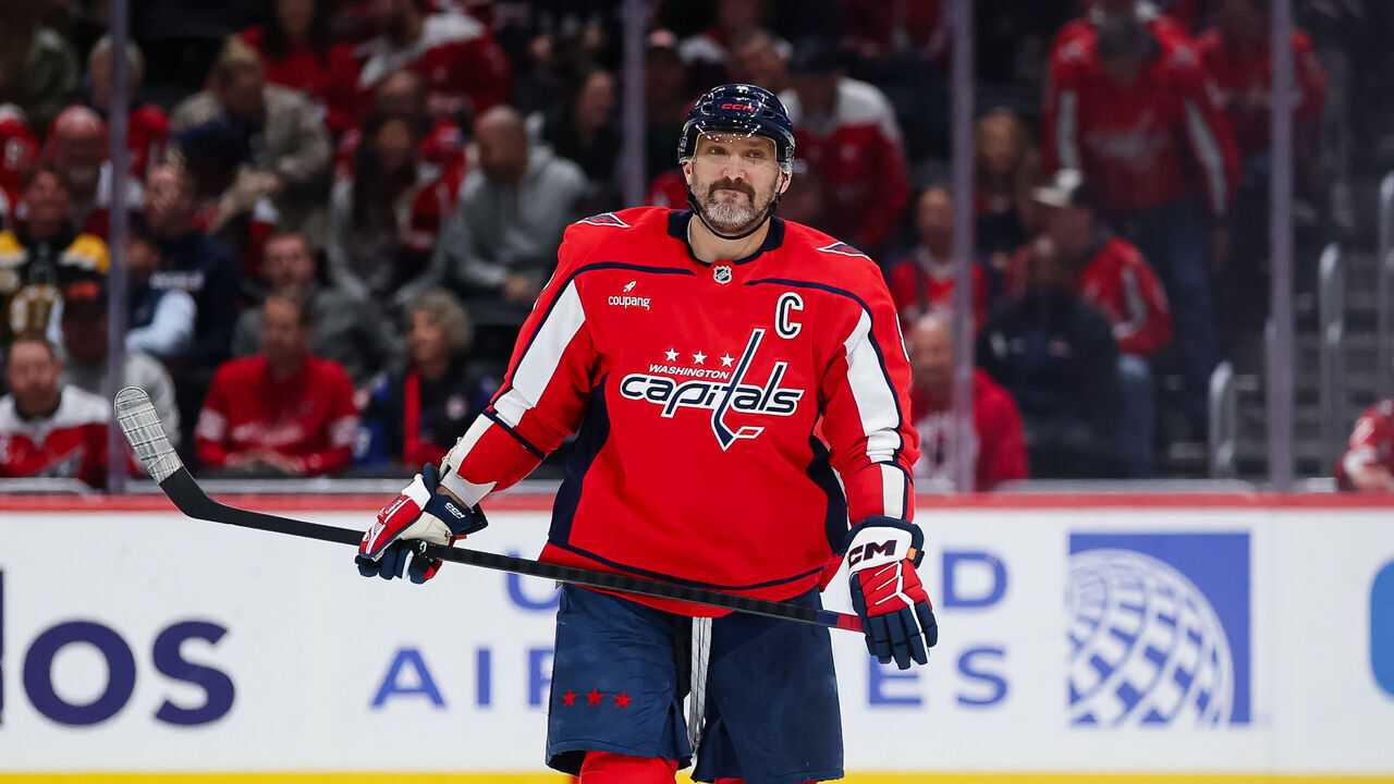 WASHINGTON, DC - MARCH 14: Alex Ovechkin #8 of the Washington Capitals reacts during the shootout in the game against the Boston Bruins at Capital One Arena on March 14, 2026 in Washington, DC.