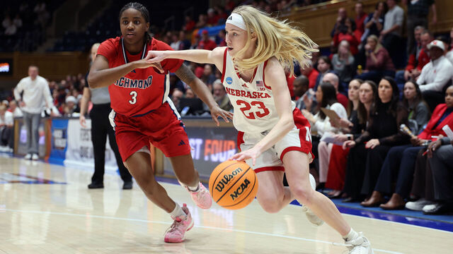 DURHAM, NORTH CAROLINA - MARCH 18: Britt Prince #23 of the Nebraska Cornhuskers drives with the ball against Alicia Newell #3 of the Richmond Spiders in the second half during a First Four game of the 2026 NCAA Women's Basketball Tournament held at Cameron Indoor Stadium on March 18, 2026 in Durham, North Carolina.