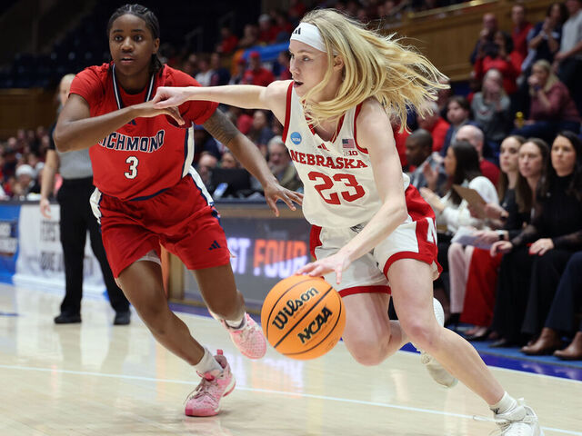 DURHAM, NORTH CAROLINA - MARCH 18: Britt Prince #23 of the Nebraska Cornhuskers drives with the ball against Alicia Newell #3 of the Richmond Spiders in the second half during a First Four game of the 2026 NCAA Women's Basketball Tournament held at Cameron Indoor Stadium on March 18, 2026 in Durham, North Carolina.