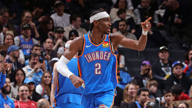 BROOKLYN, NY - MARCH 18: Shai Gilgeous-Alexander #2 of the Oklahoma City Thunder celebrates during the game against the Brooklyn Nets on March 18, 2026 at Barclays Center in Brooklyn, New York. Mandatory Copyright Notice: Copyright 2026 NBAE