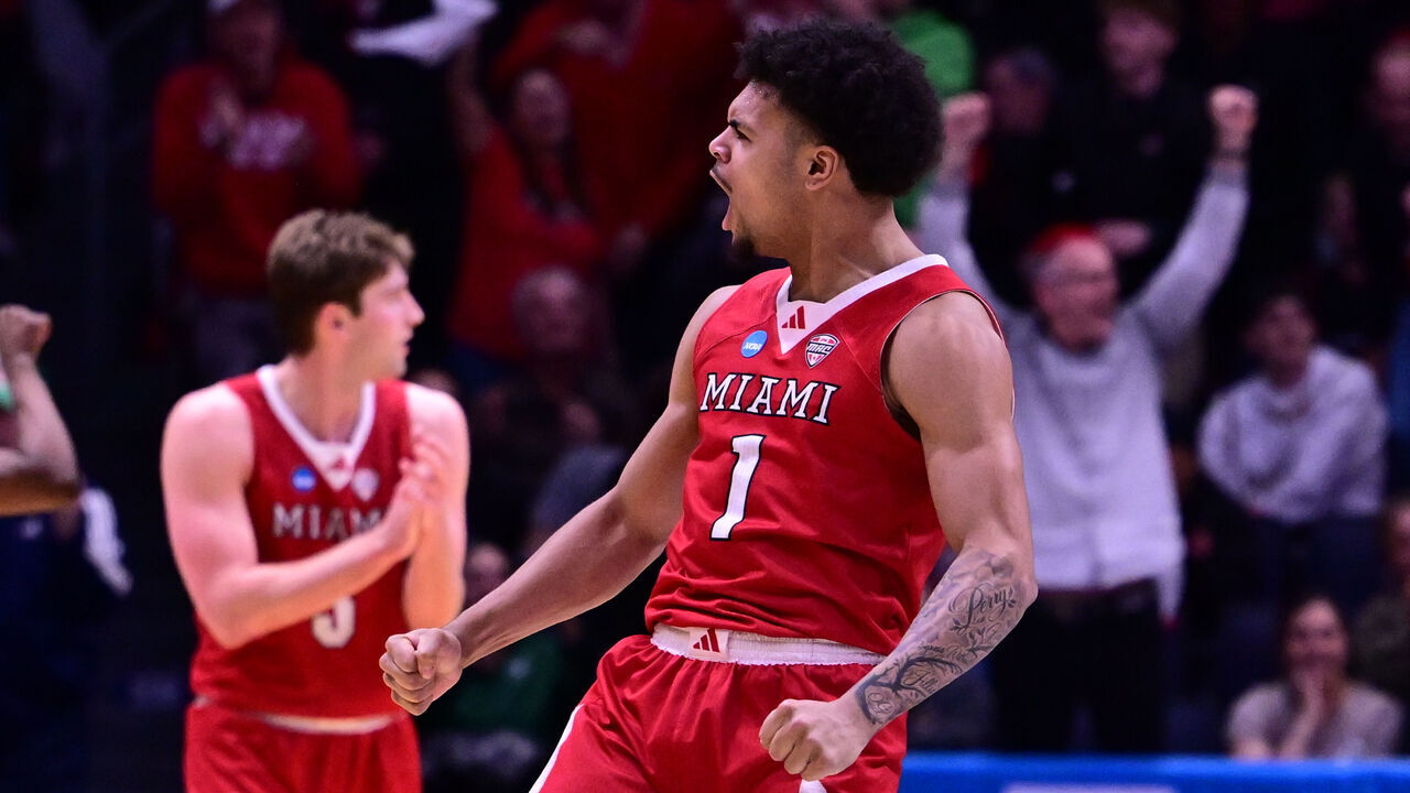 DAYTON, OHIO - MARCH 18: Trey Perry #1 of the Miami (OH) Redhawks reacts to a good play against the SMU Mustangs during the First Four round of the 2026 NCAA Men's Basketball tournament held at UD Arena on March 18, 2026 in Dayton, Ohio.