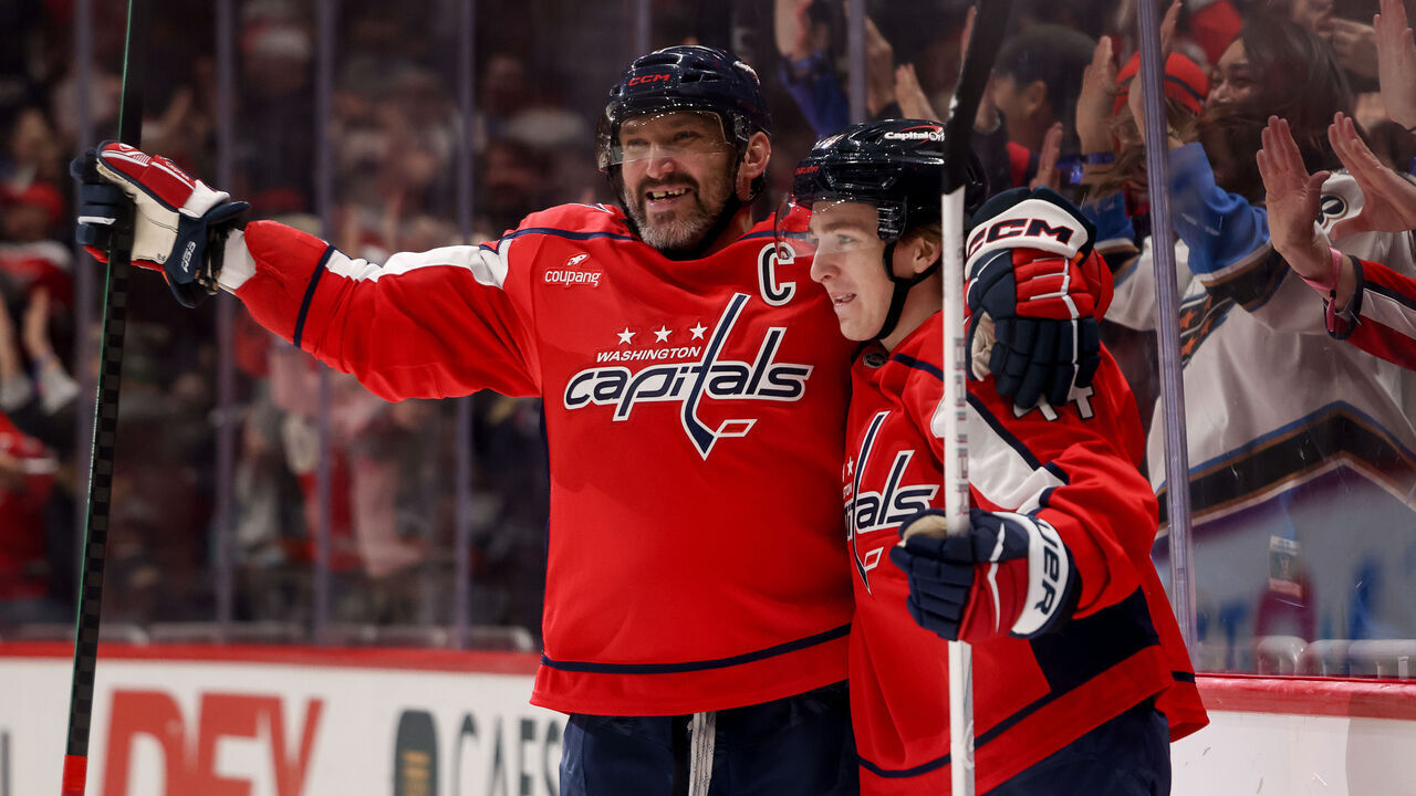 WASHINGTON, DC - MARCH 18: Cole Hutson #44 of the Washington Capitals celebrates his first career NHL goal in the third period against the Ottawa Senators at Capital One Arena on March 18, 2026 in Washington, D.C.