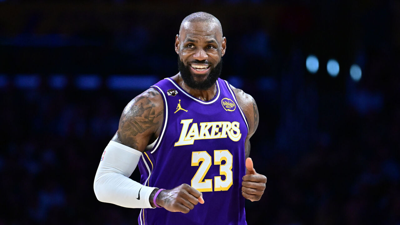 LOS ANGELES, CALIFORNIA - FEBRUARY 12: LeBron James #23 of the Los Angeles Lakers reacts during a game against the Dallas Mavericks at Crypto.com Arena on February 12, 2026 in Los Angeles, California.