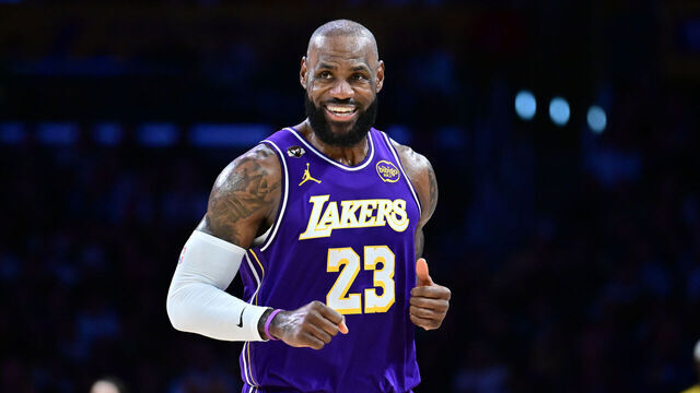 LOS ANGELES, CALIFORNIA - FEBRUARY 12: LeBron James #23 of the Los Angeles Lakers reacts during a game against the Dallas Mavericks at Crypto.com Arena on February 12, 2026 in Los Angeles, California.