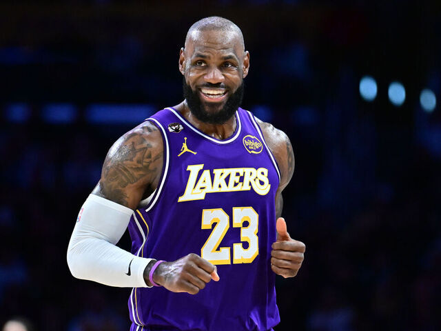 LOS ANGELES, CALIFORNIA - FEBRUARY 12: LeBron James #23 of the Los Angeles Lakers reacts during a game against the Dallas Mavericks at Crypto.com Arena on February 12, 2026 in Los Angeles, California.