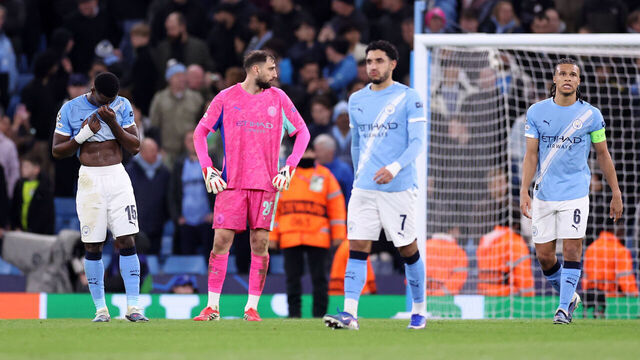 MANCHESTER, UNITED KINGDOM - MARCH 17: Players of Manchester City following look on dejected the UEFA Champions League Round of 16 Second Leg match between Manchester City and Real Madrid CF at City of Manchester Stadium on March 17, 2026 in Manchester, United Kingdom.
