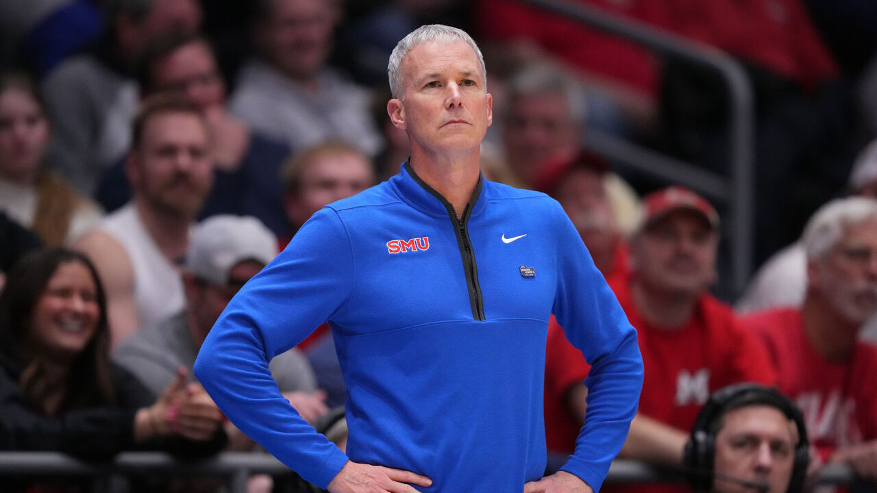 DAYTON, OHIO - MARCH 18: SMU Mustangs head coach Andy Enfield reacts during the second half against the Miami (OH) RedHawks in the First Four game of the 2026 NCAA Men's Basketball Tournament at UD Arena on March 18, 2026 in Dayton, Ohio.
