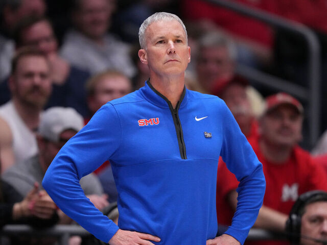 DAYTON, OHIO - MARCH 18: SMU Mustangs head coach Andy Enfield reacts during the second half against the Miami (OH) RedHawks in the First Four game of the 2026 NCAA Men's Basketball Tournament at UD Arena on March 18, 2026 in Dayton, Ohio.