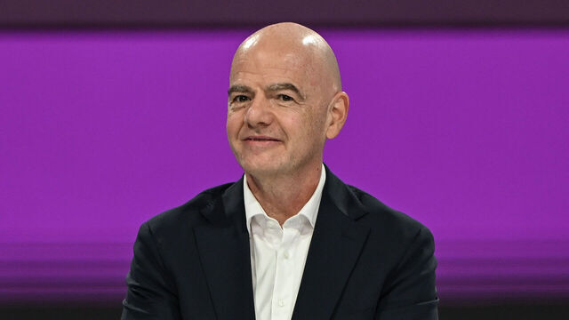 DOHA, QATAR FEBRUARY 14:FIFA President Gianni Infantino is seen during the award ceremony following Karolina Muchova's victory over Victoria Mboko of Canada in the singles final on Day Seven of the Qatar TotalEnergies Open, part of the Hologic WTA Tour, at the Khalifa International Tennis and Squash Complex on February 14, 2026 in Doha, Qatar.