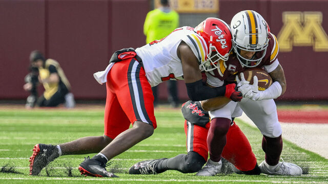 MINNEAPOLIS, MN - OCTOBER 26: Maryland Terrapins defensive back Judah Jenkins (21) is ejected for targeting on this play with Minnesota Golden Gophers wide receiver Daniel Jackson (9) during the first quarter of a college football game between the Minnesota Golden Gophers and Maryland Terrapins on October 26, 2024, at Huntington Bank Stadium in Minneapolis, MN.