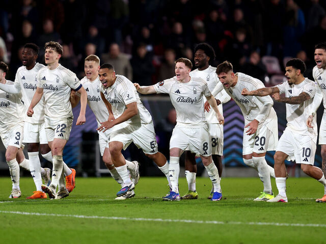 HERNING, DENMARK - MARCH 19: Players of Nottingham Forest celebrate following the team's victory in the penalty shoot out during the UEFA Europa League 2025/26 Round of 16 Second Leg match between FC Midtjylland and Nottingham Forest FC at Arena Herning on March 19, 2026 in Herning, Denmark.