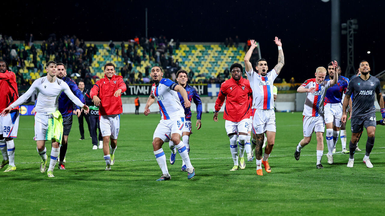 LARNACA, CYPRUS - MARCH 19: Maxence Lacroix and Daniel Munoz of Crystal Palace celebrate alongside team mates after the team's victory in the UEFA Conference League 2025/26 round of 16 second leg match between AEK Larnaca FC and Crystal Palace FC at AEK Arena on March 19, 2026 in Larnaca, Cyprus.