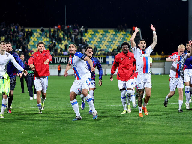 LARNACA, CYPRUS - MARCH 19: Maxence Lacroix and Daniel Munoz of Crystal Palace celebrate alongside team mates after the team's victory in the UEFA Conference League 2025/26 round of 16 second leg match between AEK Larnaca FC and Crystal Palace FC at AEK Arena on March 19, 2026 in Larnaca, Cyprus.