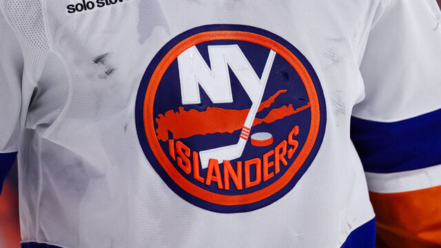 PHILADELPHIA, PENNSYLVANIA - APRIL 12: A general view of the New York Islanders jersey logo during the second period of the game against the Philadelphia Flyers at the Wells Fargo Center on April 12, 2025 in Philadelphia, Pennsylvania.